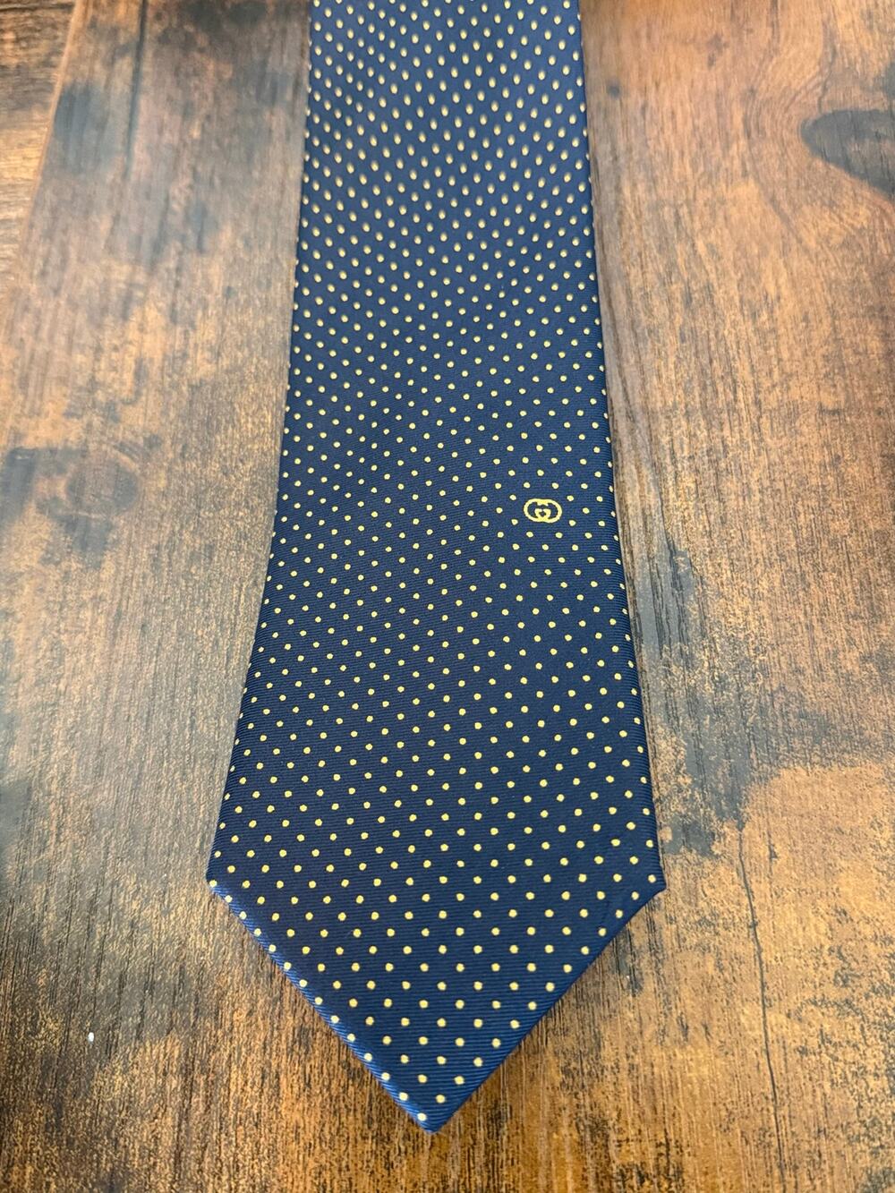 Vintage Gucci Made in Italy Navy Blue & Gold Polka Dot Logo Silk Tie